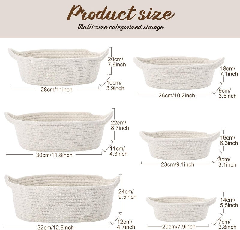 Zopeal مجموعة سلال تخزين بيضاوية من زوبيل 6 قطع مصنوعة من حبل القطن المنسوج مع مقبض سلة هدايا سلة ألعاب ناعمة للأطفال لساحة الأطفال سلال ألعاب للقطط والكلاب سلال متعددة الاستخدامات للمنزل والمكتب باللون الأبيض - Image 3