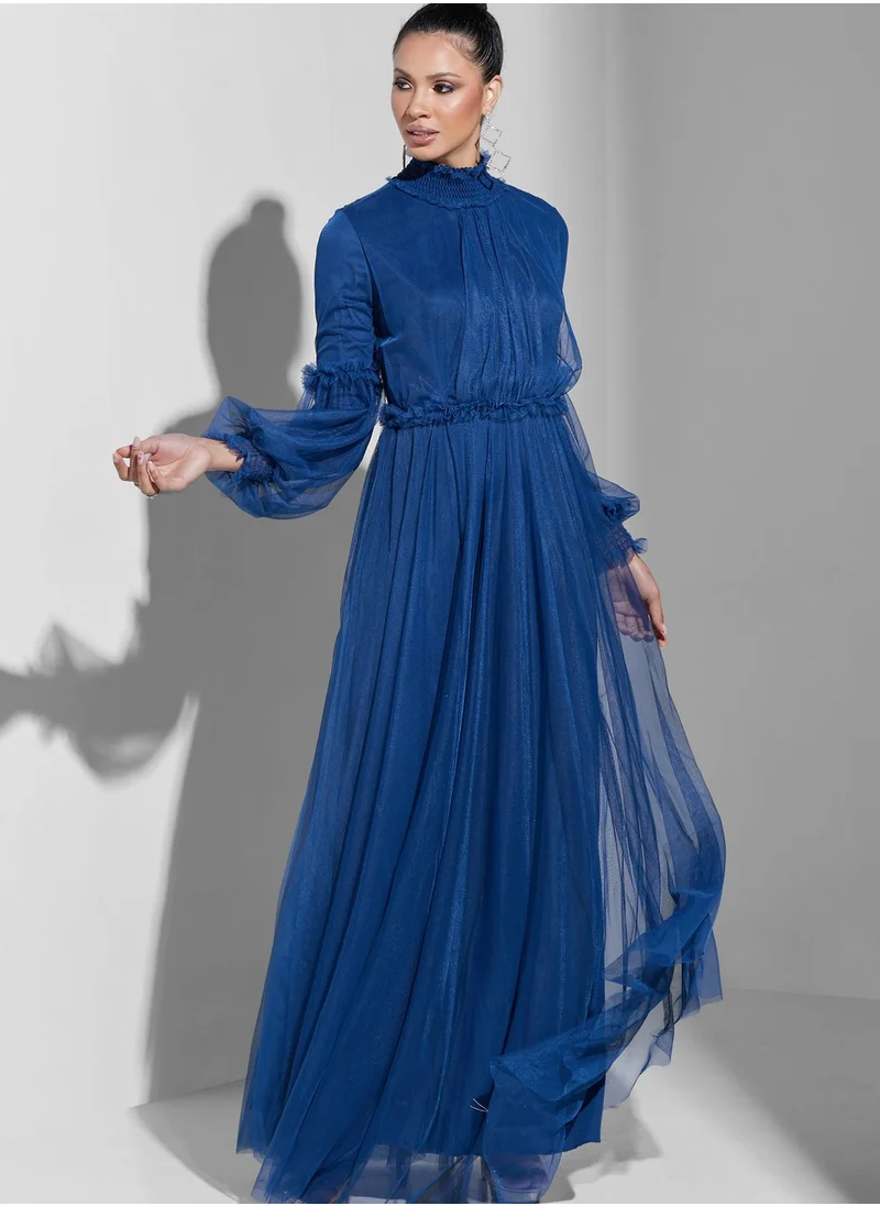 Namshi X Trendyol High Neck Ruffle Balloon Sleeve Dress