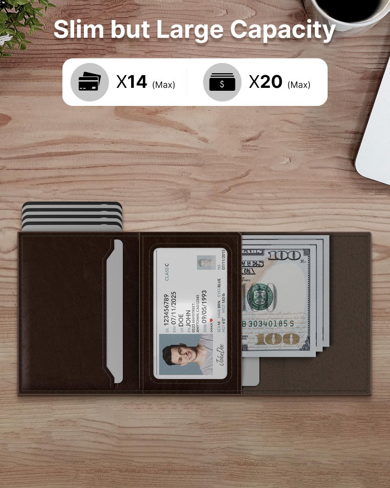 typecase Mens Wallet Card Holder: Pop Up Aluminum Case, Genuine Leather, Smart, RFID Blocking, Slim, Minimalist, Front Pocket - 9-14 Card Capacity | ID Window | Cash Slot (Black Brown) - Image 2