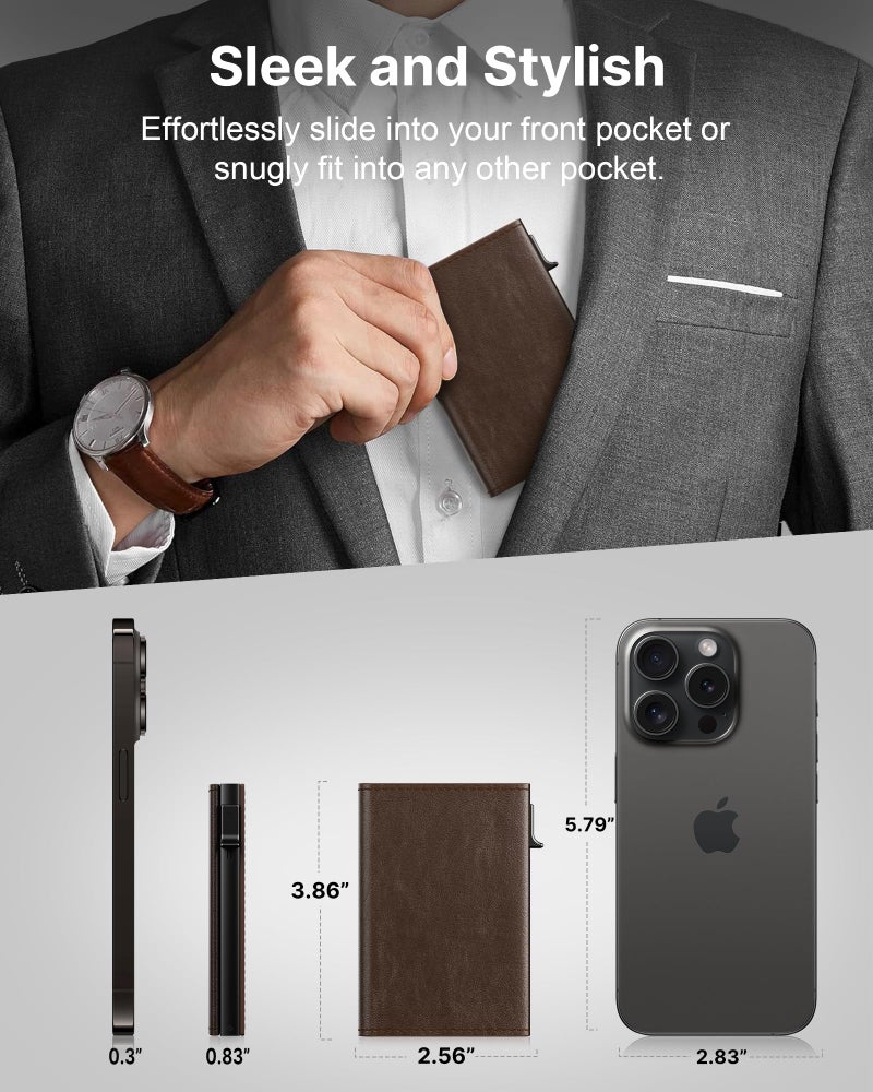 typecase Mens Wallet Card Holder: Pop Up Aluminum Case, Genuine Leather, Smart, RFID Blocking, Slim, Minimalist, Front Pocket - 9-14 Card Capacity | ID Window | Cash Slot (Black Brown) - Image 4