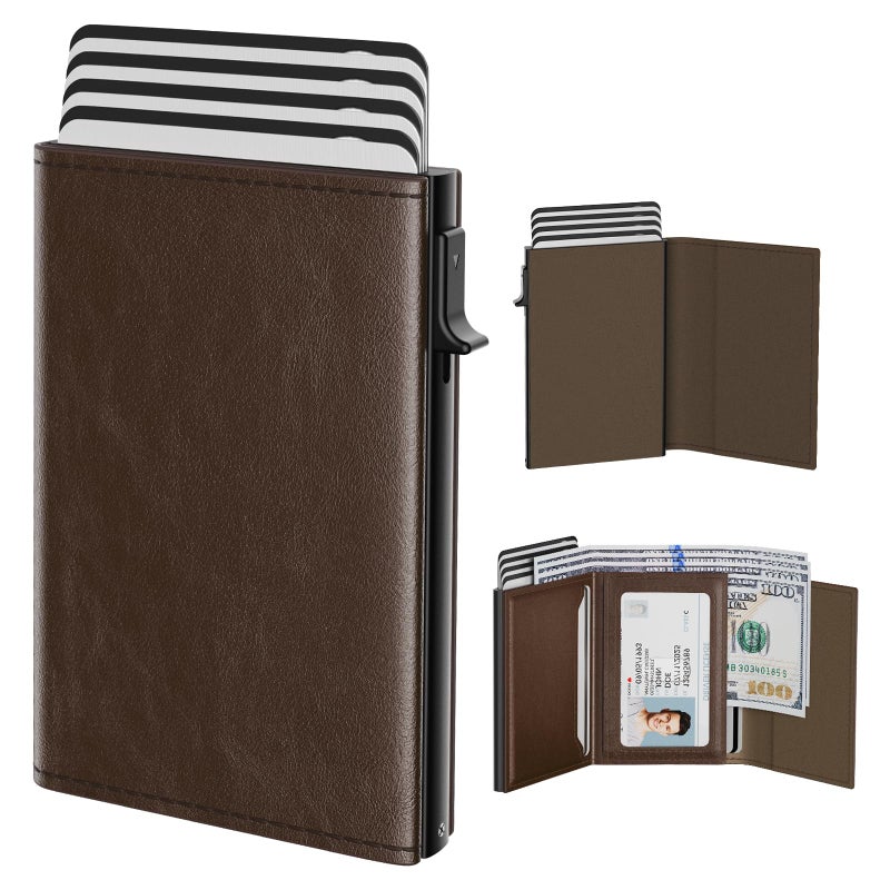 typecase Mens Wallet Card Holder: Pop Up Aluminum Case, Genuine Leather, Smart, RFID Blocking, Slim, Minimalist, Front Pocket - 9-14 Card Capacity | ID Window | Cash Slot (Black Brown) - Image 1