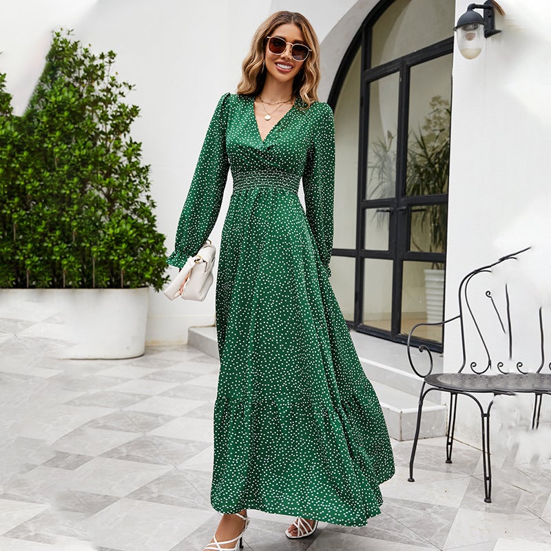 Spring Gentle Womens Elegant V-neck Long-sleeved dress Autumn and Winter Waist Slimming Coat Inner Long Skirt Green Wave Point