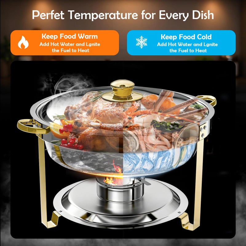 ALSO GO Round Chafing Dishes for Buffet 4 Pack, 6QT Chafing Dishes Buffet Set Gold, Catering Food Warmer for Parties Buffet with Full Size Chafing Pans, Stainless Steel Warming Trays for Thanksgiving - Image 2