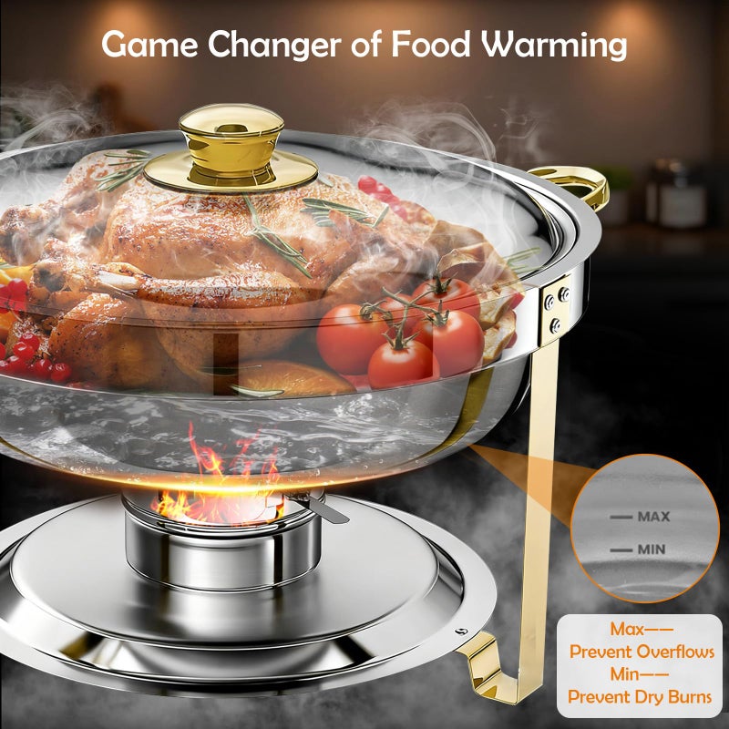 ALSO GO Round Chafing Dishes for Buffet 4 Pack, 6QT Chafing Dishes Buffet Set Gold, Catering Food Warmer for Parties Buffet with Full Size Chafing Pans, Stainless Steel Warming Trays for Thanksgiving - Image 4