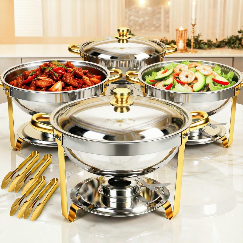 ALSO GO Round Chafing Dishes for Buffet 4 Pack, 6QT Chafing Dishes Buffet Set Gold, Catering Food Warmer for Parties Buffet with Full Size Chafing Pans, Stainless Steel Warming Trays for Thanksgiving - Image 1