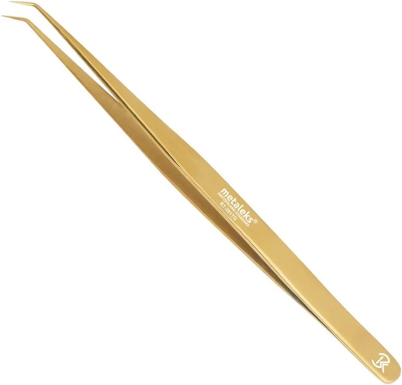 metaleks 14cm Metaleks Lash Tweezers Japanese Steel Lash Extension Tweezers 45 Degree Angular Tip. (Golden Titanium Coated.)