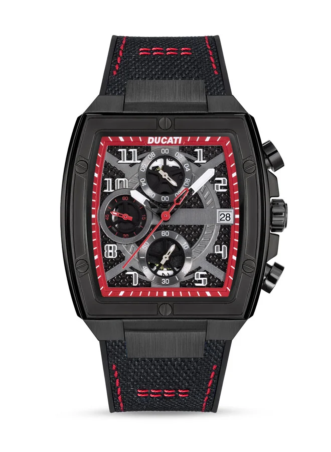 دوكاتي Ducati DT088 Chronograph Watch – Partial See-Through Dial, Fiery Red Accents, Black Screw-Detail Case, Leather Strap with Silicone Base, Water Resistant 50M