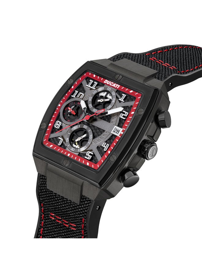 Ducati DT088 Chronograph Watch – Partial See-Through Dial, Fiery Red Accents, Black Screw-Detail Case, Leather Strap with Silicone Base, Water Resistant 50M - Image 2