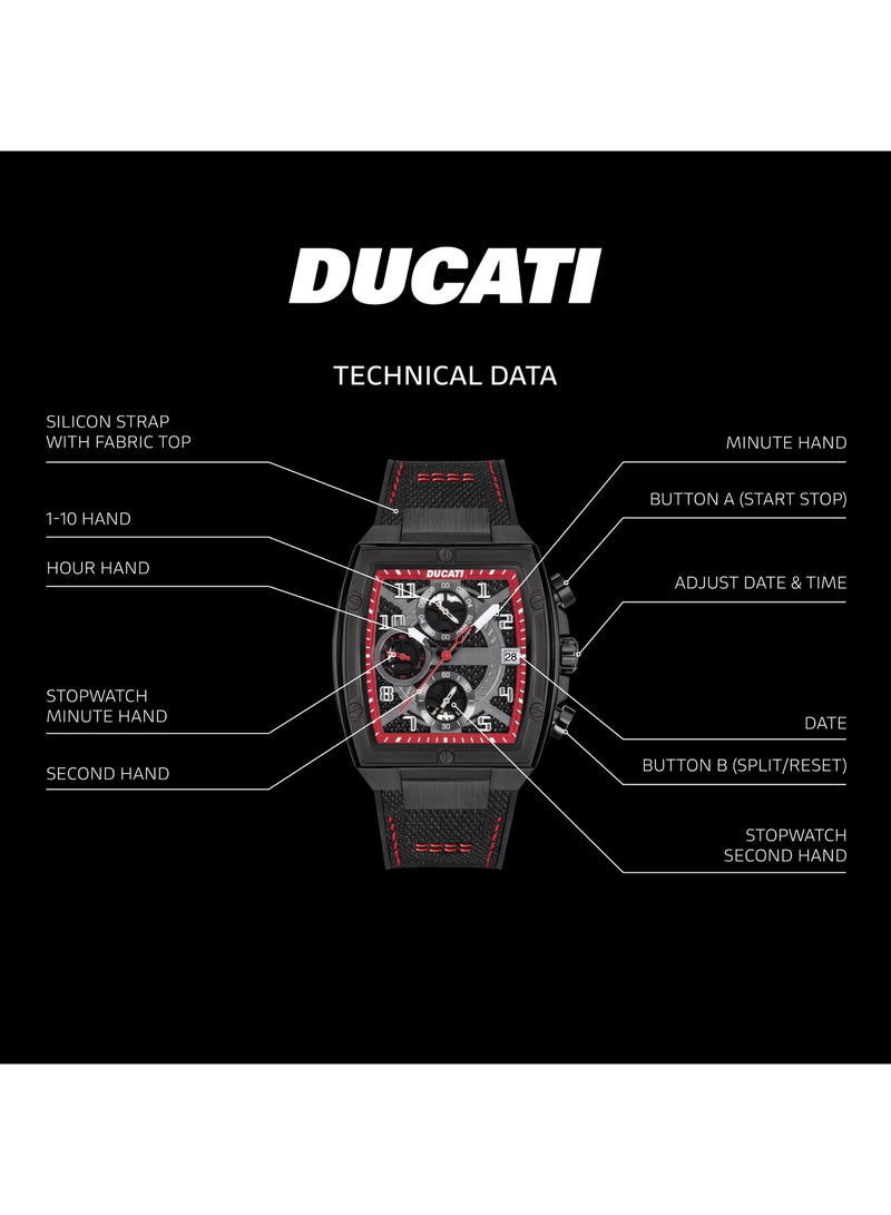 Ducati DT088 Chronograph Watch – Partial See-Through Dial, Fiery Red Accents, Black Screw-Detail Case, Leather Strap with Silicone Base, Water Resistant 50M - Image 4