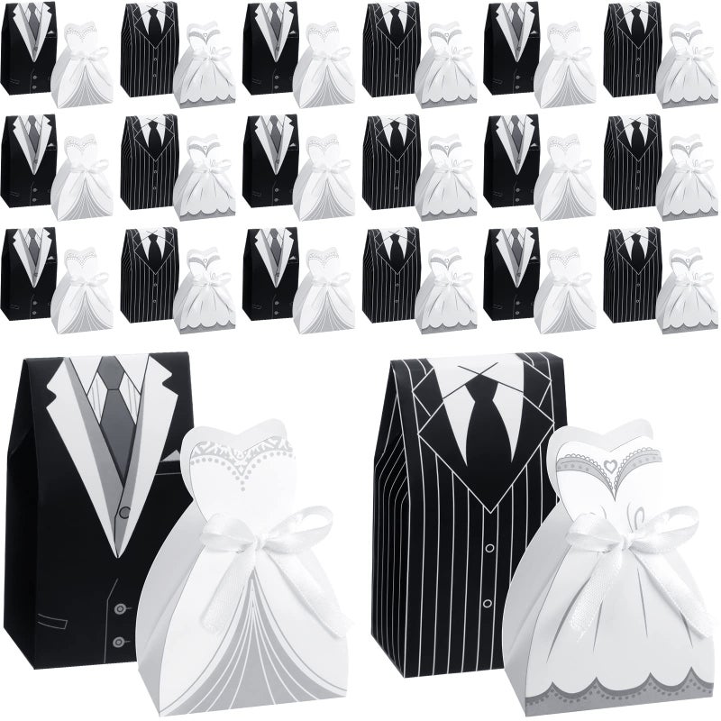 Yahenda 100 Pcs Wedding Party Favor Boxes Dress Tuxedo Candy Chocolate Gift Box Creative Vintage Wedding Treat Bags Bulk with Ribbon for Birthday Bridal Shower Guests DecorationClassic Style