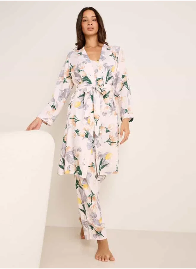 FAV Floral Print Night Robe with Camisole and Pyjama Set