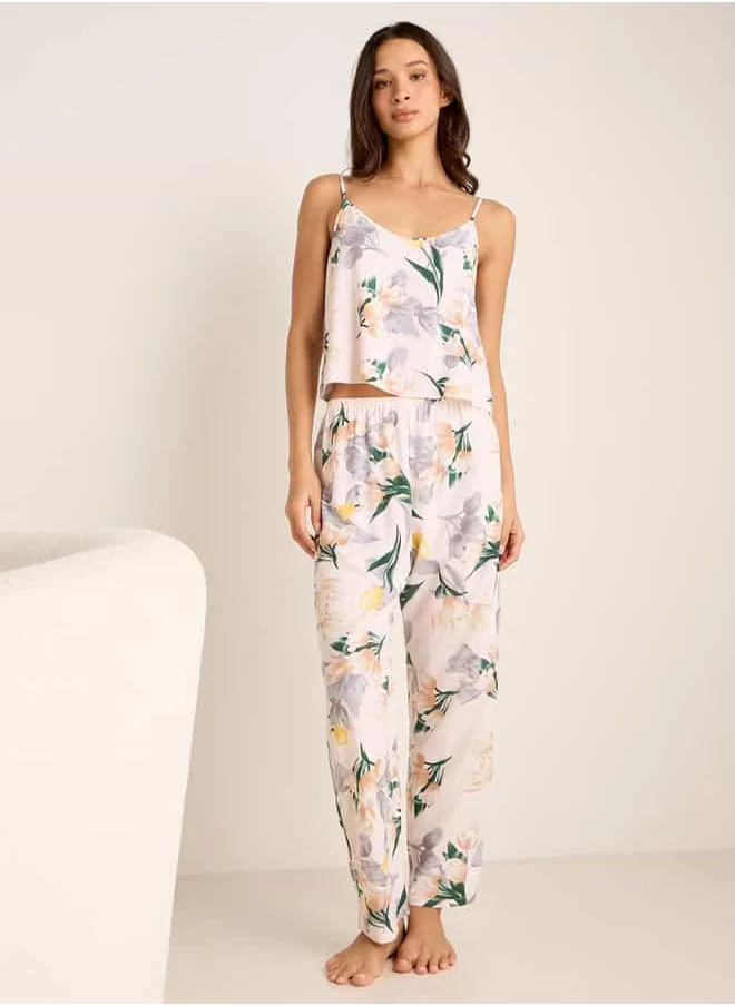 FAV Floral Print Night Robe with Camisole and Pyjama Set