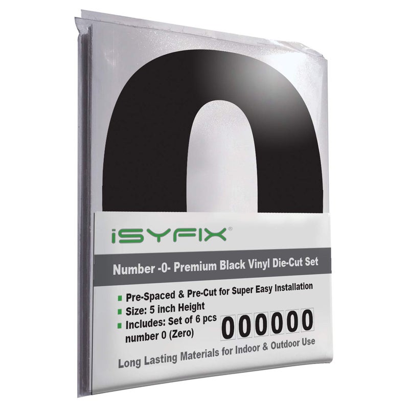 iSYFIX Black Vinyl Number 0 (Zero) Stickers - 6 Pack 5 inch Self Adhesive - Decal Die Cut & Pre-Spaced for Mailbox, Signs, Window, Door, Cars, Trucks, Home, Business, Address Number, Indoor & Outdoor - Image 1