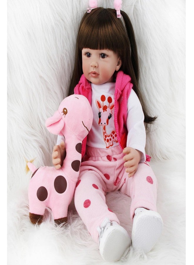 truly soft 24-Inch Toddler Doll Handmade Newborn Baby Reborn Dolls Girls with Long Straight Hair, Pink Giraffe Outfit, White Sneakers 24 inches 60 cm Realistic Baby Girl Doll with Accessories - Image 2