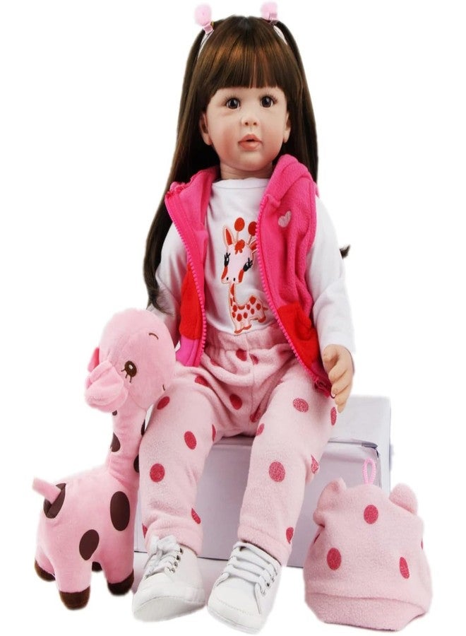 truly soft 24-Inch Toddler Doll Handmade Newborn Baby Reborn Dolls Girls with Long Straight Hair, Pink Giraffe Outfit, White Sneakers 24 inches 60 cm Realistic Baby Girl Doll with Accessories - Image 1