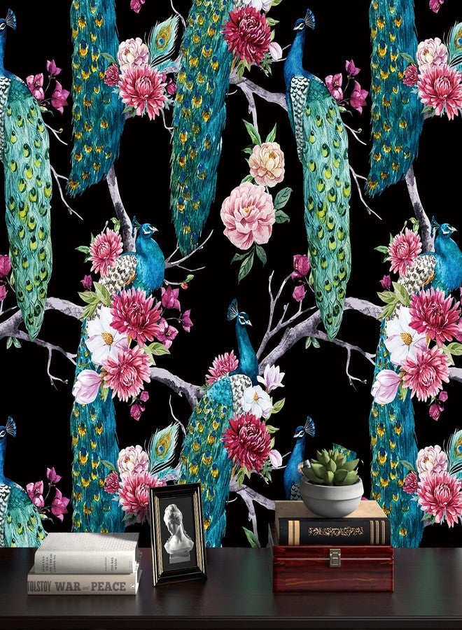ReWallpaper ورق حائط أسود مزهر من ReWallpaper مقاس 17.5 بوصة × 39 قدمًا، قابل للإزالة واللصق، مزين بنقشة زهرة الطاووس الأزرق، ورق حائط ذاتي اللصق قابل للإزالة، مناسب للمطبخ والمكتب والفندق، مصنوع من الفينيل المقاوم للماء - Image 1
