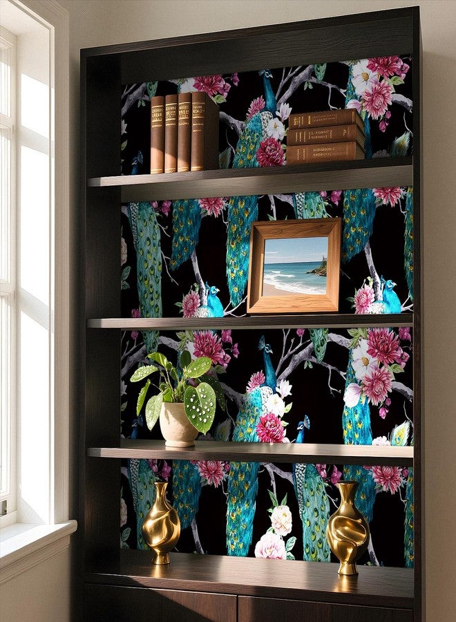 ReWallpaper ورق حائط أسود مزهر من ReWallpaper مقاس 17.5 بوصة × 39 قدمًا، قابل للإزالة واللصق، مزين بنقشة زهرة الطاووس الأزرق، ورق حائط ذاتي اللصق قابل للإزالة، مناسب للمطبخ والمكتب والفندق، مصنوع من الفينيل المقاوم للماء - Image 3