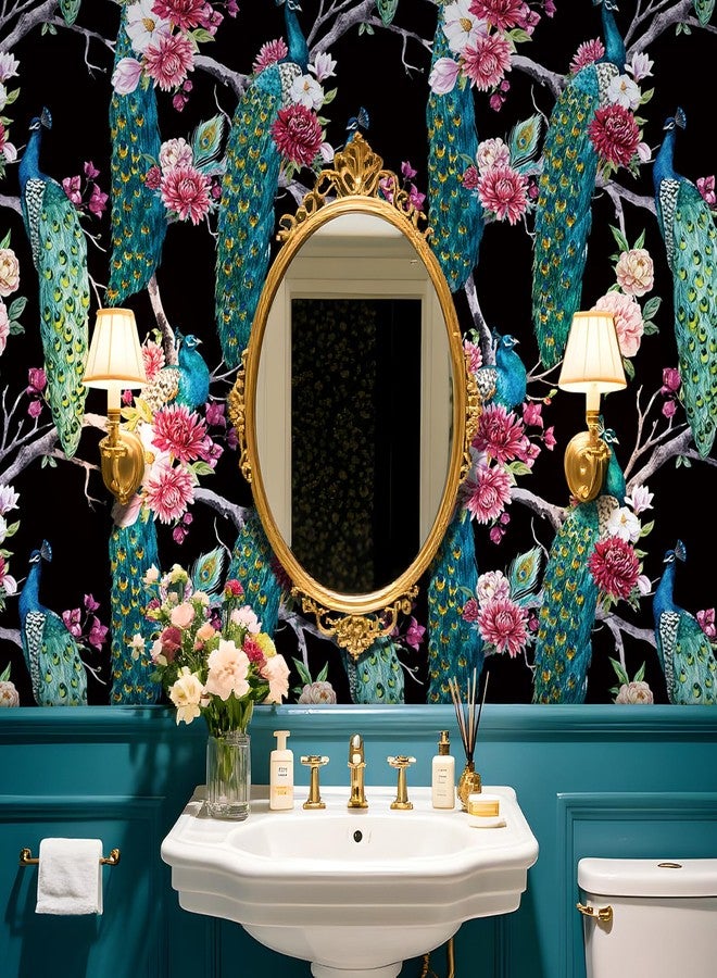 ReWallpaper ورق حائط أسود مزهر من ReWallpaper مقاس 17.5 بوصة × 39 قدمًا، قابل للإزالة واللصق، مزين بنقشة زهرة الطاووس الأزرق، ورق حائط ذاتي اللصق قابل للإزالة، مناسب للمطبخ والمكتب والفندق، مصنوع من الفينيل المقاوم للماء - Image 4