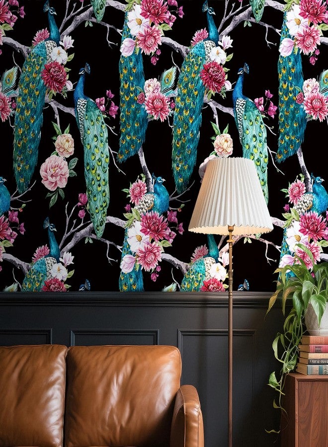 ReWallpaper ورق حائط أسود مزهر من ReWallpaper مقاس 17.5 بوصة × 39 قدمًا، قابل للإزالة واللصق، مزين بنقشة زهرة الطاووس الأزرق، ورق حائط ذاتي اللصق قابل للإزالة، مناسب للمطبخ والمكتب والفندق، مصنوع من الفينيل المقاوم للماء - Image 2