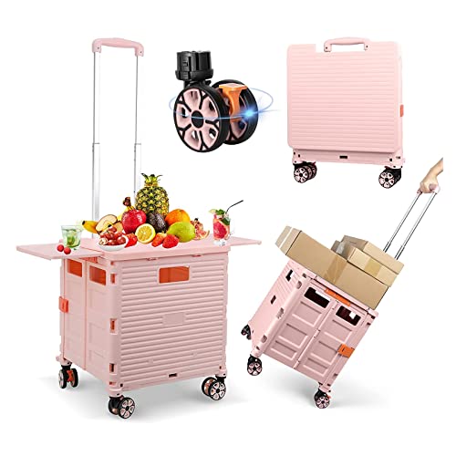FELICON SELORSS Folding Utility Cart Portable Rolling Crate Handcart with Magnetic Sliding Lid Telescoping Handle Plastic Box Dolly 360Swivel Wheels for Travel Shop Move Office Teacher UsePink Pro