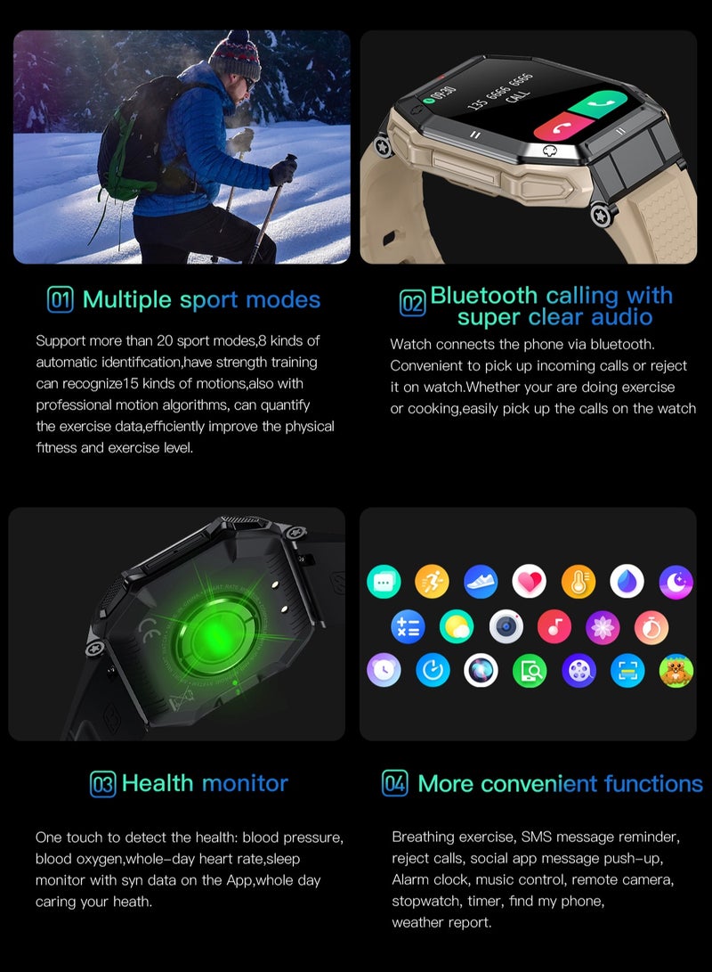 رولستيمي ساعة ذكية عسكرية للرجال ، 1.85 " عالية الوضوح جهاز تعقب للياقة البدنية في الهواء الطلق ساعة رياضية ، مع معدل ضربات القلب وضغط الدم ومراقبة النوم ، آر تي-كي 55 كاكي - Image 4