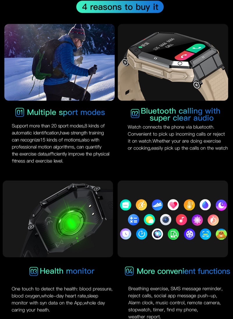 رولستيمي ساعة ذكية عسكرية للرجال ، 1.85 " عالية الوضوح جهاز تعقب للياقة البدنية في الهواء الطلق ساعة رياضية ، مع معدل ضربات القلب وضغط الدم ومراقبة النوم ، آر تي-كي 55 كاكي - Image 2