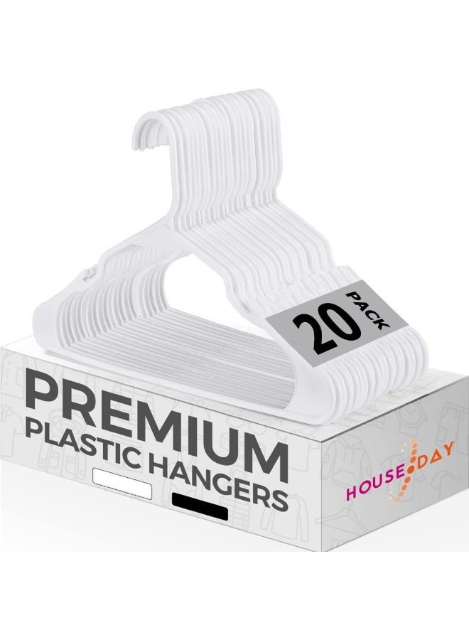 HOUSE DAY Strong White Plastic Coat Hangers 20 pack 16.5" / 42cm wide, Fit for Adult, Children above 10, Odourless Package, with Convenient Hooks - Image 1