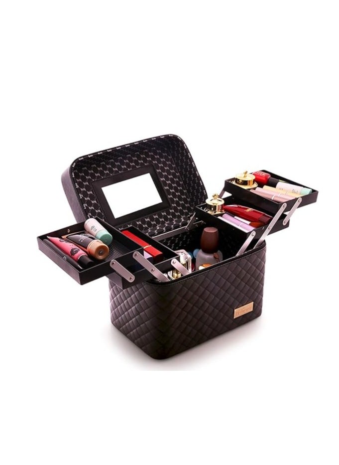 ماركة غير محددة Sooyee Makeup Bag Cosmetic Bags with Mirror, Makeup Organizer 4 Layer Foldable Tray Open to The Sides,Makeup Travel Bag for Women,Makeup Box Train Case,Black  - Image 1