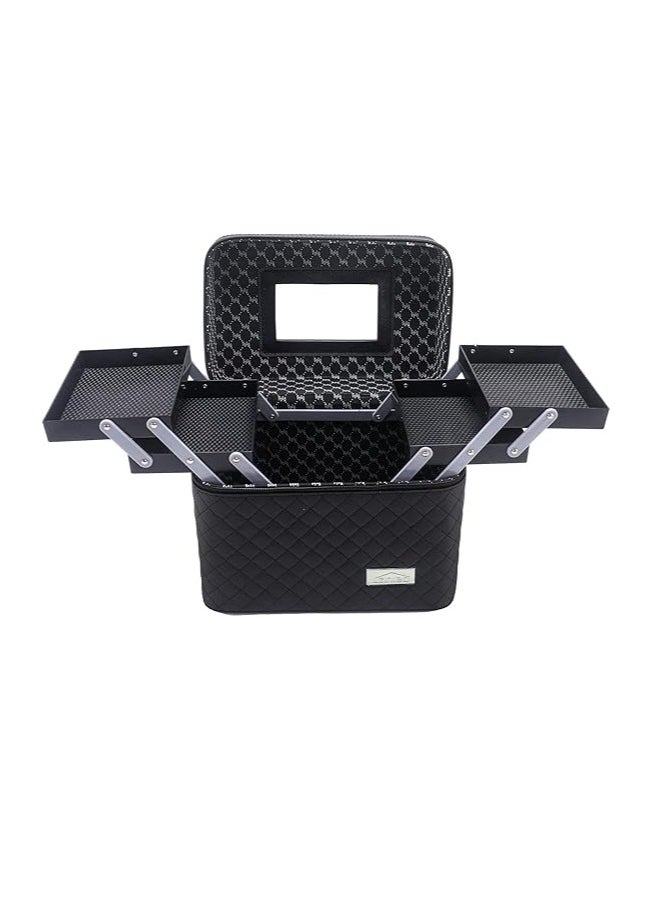 ماركة غير محددة Sooyee Makeup Bag Cosmetic Bags with Mirror, Makeup Organizer 4 Layer Foldable Tray Open to The Sides,Makeup Travel Bag for Women,Makeup Box Train Case,Black  - Image 2