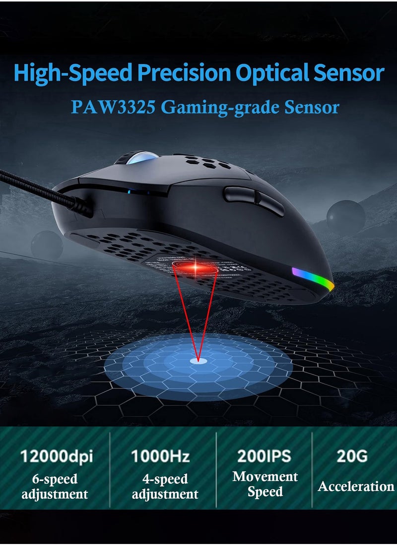 M5 Ultralight Wired Gaming Mouse with RGB Backlight High-Precision 12000 DPI Optical Sensor, 6 Programmable Buttons,  Drag-Free Paracord, Ergonomic Gaming Mouse Black