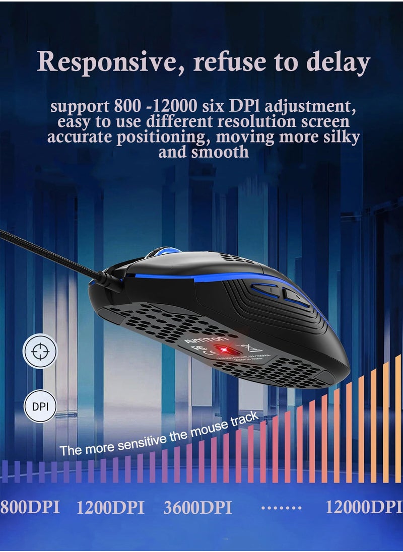 M5 Ultralight Wired Gaming Mouse with RGB Backlight High-Precision 12000 DPI Optical Sensor, 6 Programmable Buttons,  Drag-Free Paracord, Ergonomic Gaming Mouse Black