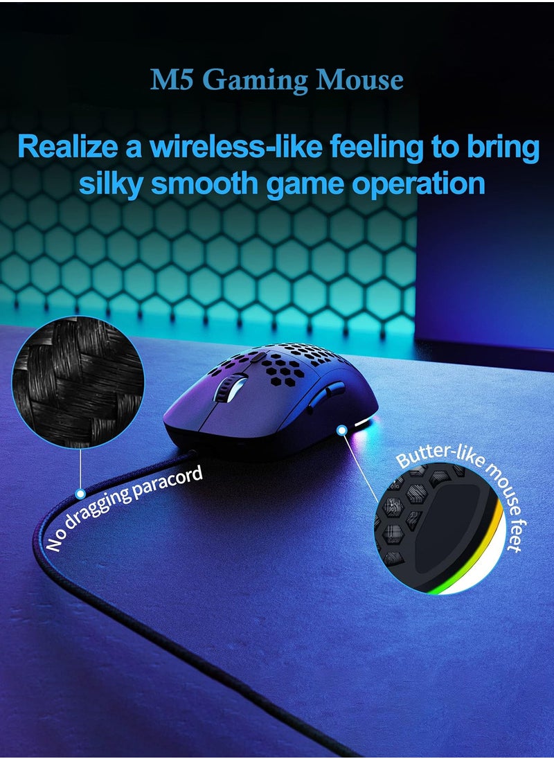 M5 Ultralight Wired Gaming Mouse with RGB Backlight High-Precision 12000 DPI Optical Sensor, 6 Programmable Buttons,  Drag-Free Paracord, Ergonomic Gaming Mouse Black