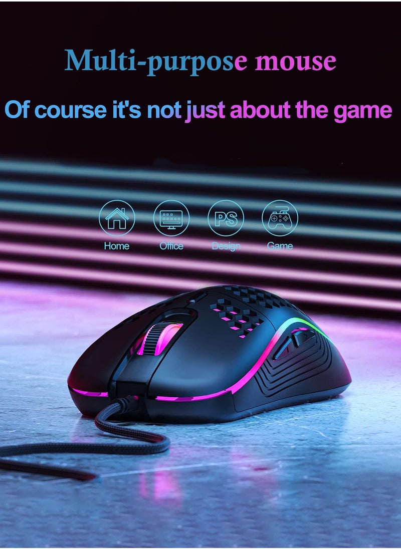 M5 Ultralight Wired Gaming Mouse with RGB Backlight High-Precision 12000 DPI Optical Sensor, 6 Programmable Buttons,  Drag-Free Paracord, Ergonomic Gaming Mouse Black