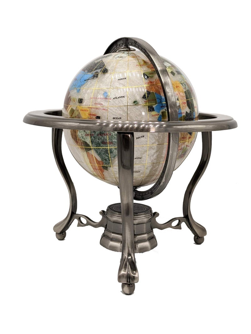 Unique Art 10Inch by 6Inch Pure Pearl Swirl Ocean Table Top Gemstone World Globe with Silver Tripod