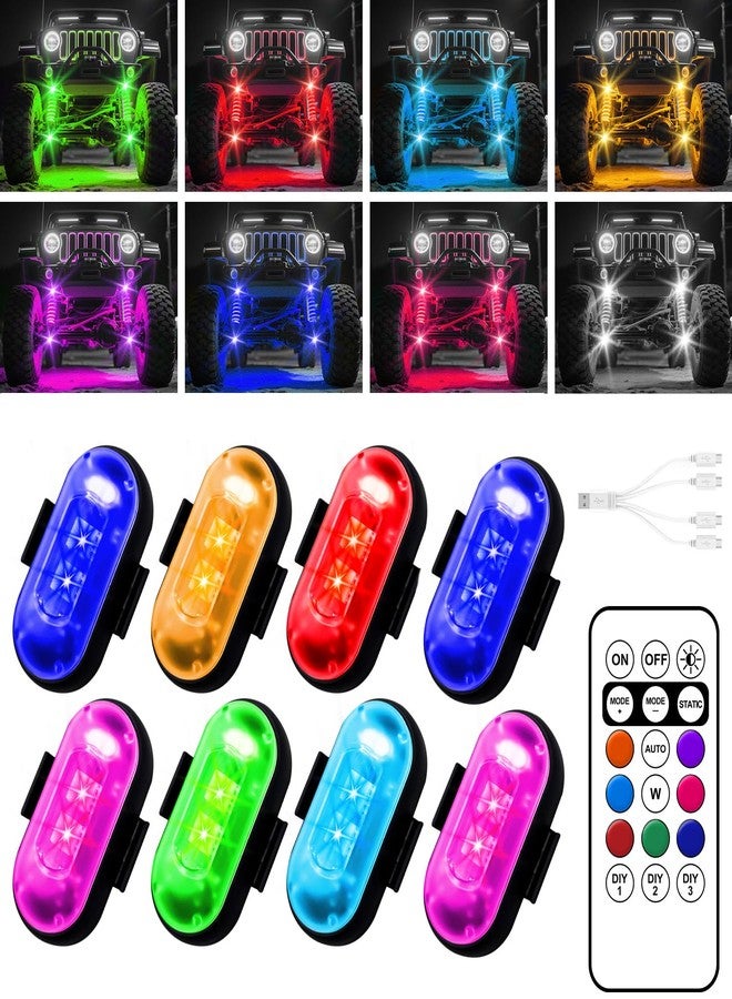 أضواء LED لاسلكية للسيارة، أضواء صخرية لاسلكية بـ 8 ألوان و10 أوضاع، ضوء تحذير ستروب LED، للدراجات النارية، والقوارب، والتخييم، والدراجات، والطائرات بدون طيار، تصميم أمريكي (8 قطع سوداء) - Image 1