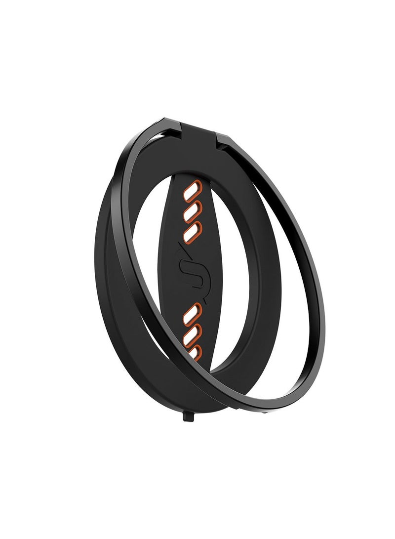 Remson Mag-X Phone Grip Finger Strap Magnetic Phone Kickstand with Silicone Strap Compatible for iPhone 14, 13 Pro/Max/Plus (Black/Orange) - Image 1