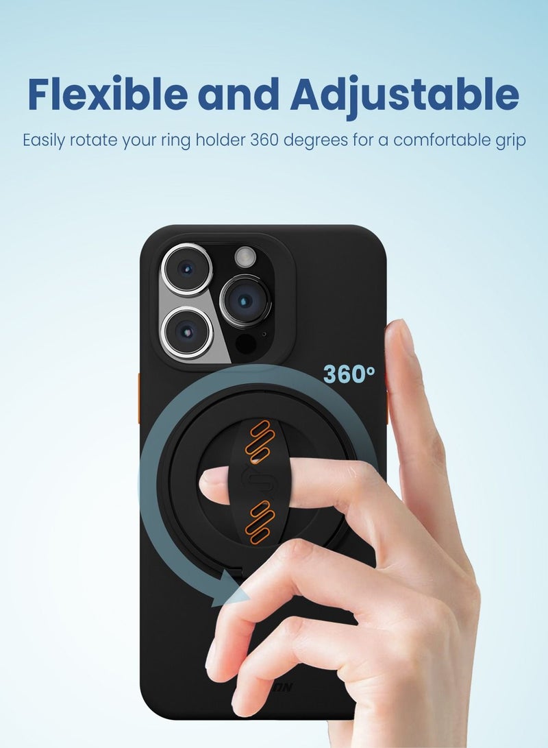 Remson Mag-X Phone Grip Finger Strap Magnetic Phone Kickstand with Silicone Strap Compatible for iPhone 14, 13 Pro/Max/Plus (Black/Orange) - Image 2