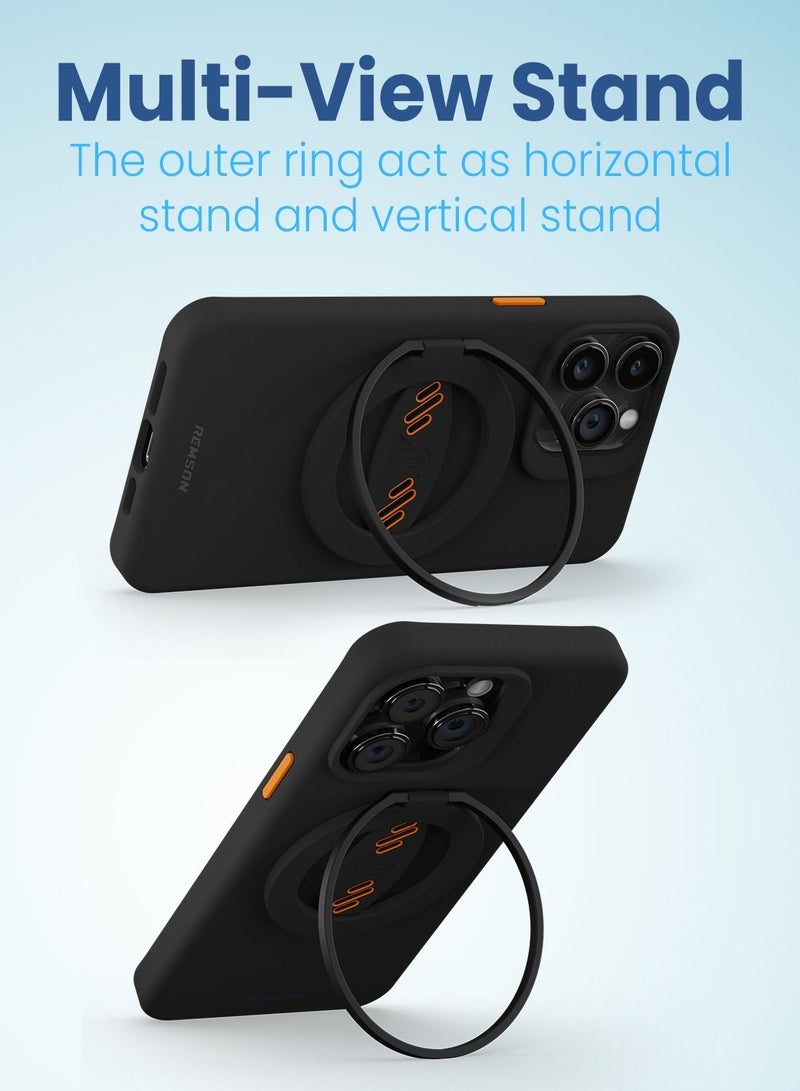 Remson Mag-X Phone Grip Finger Strap Magnetic Phone Kickstand with Silicone Strap Compatible for iPhone 14, 13 Pro/Max/Plus (Black/Orange) - Image 5