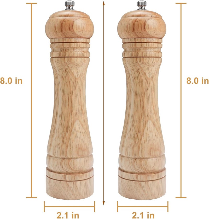 Gulex ® Wood Pepper Grinder Pepper Mill,Adjustable Coarseness 8 Inch Wooden Peppermill, Ceramic Grinding Mechanism Salt Mill Refillable (2 pacl light) - Image 2