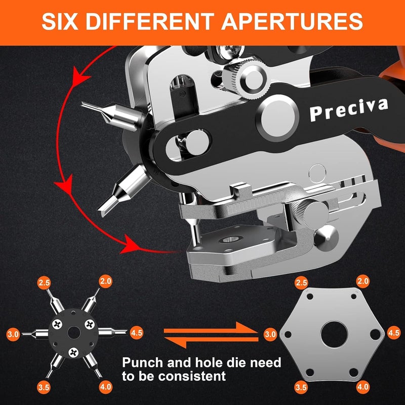 Preciva Hole Punch Plier, Revolving Punch Hole Tool with V-Shaped Cutting Edge Design, 6 Hole Sizes & 20cm Stainless Steel Ruler for Leatherr, Belts, Thin Iron Sheets, Paper Cards, Plastics & Fabrics - Image 4