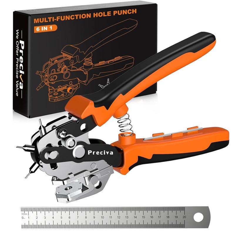 Preciva Hole Punch Plier, Revolving Punch Hole Tool with V-Shaped Cutting Edge Design, 6 Hole Sizes & 20cm Stainless Steel Ruler for Leatherr, Belts, Thin Iron Sheets, Paper Cards, Plastics & Fabrics - Image 1