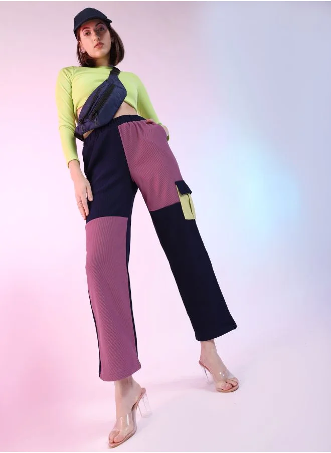 Freehand Women Regular Fit Colourblocked Mid-Rise Corduroy Colorblocked Cargo Pocket Trousers