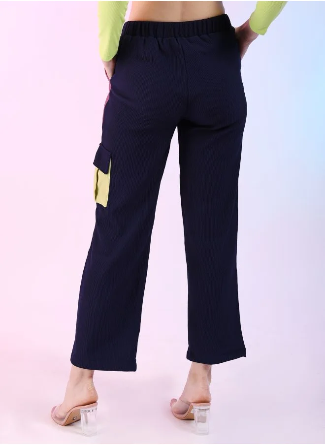 Freehand Women Regular Fit Colourblocked Mid-Rise Corduroy Colorblocked Cargo Pocket Trousers