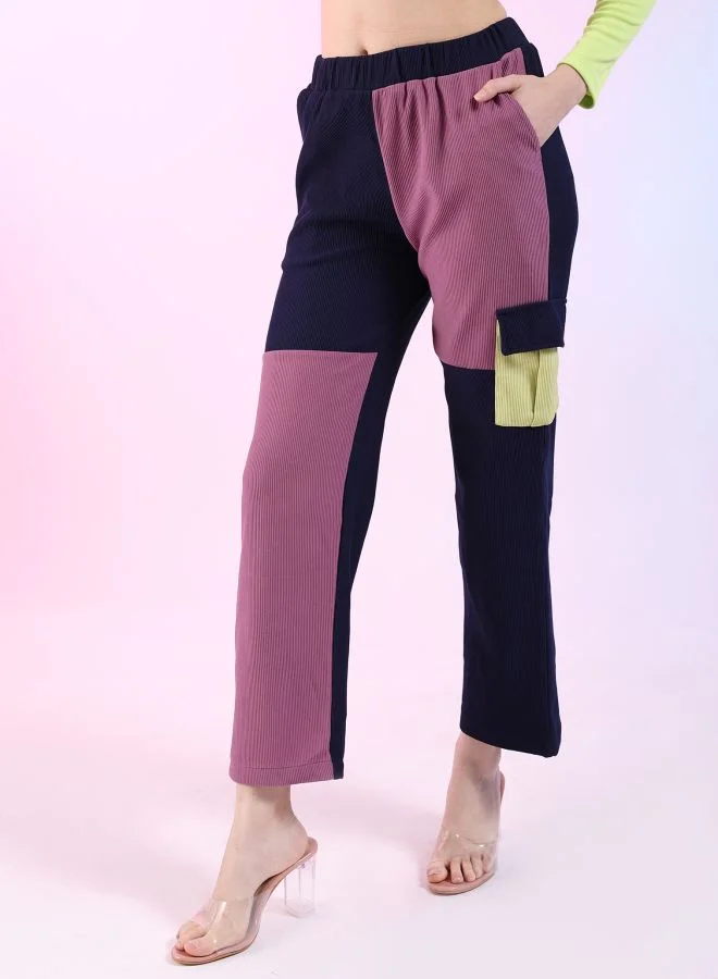 Freehand Women Regular Fit Colourblocked Mid-Rise Corduroy Colorblocked Cargo Pocket Trousers