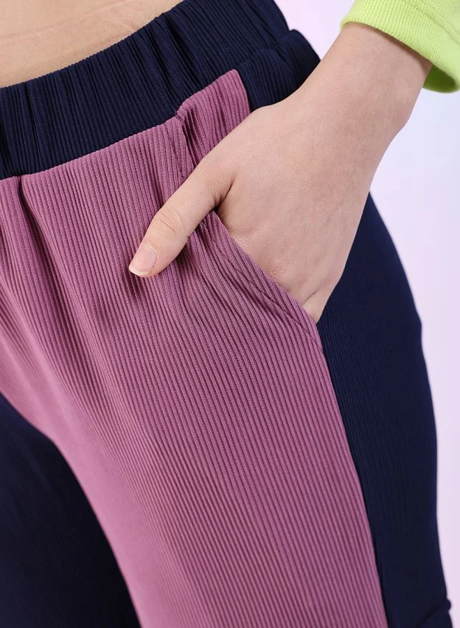 Freehand Women Regular Fit Colourblocked Mid-Rise Corduroy Colorblocked Cargo Pocket Trousers