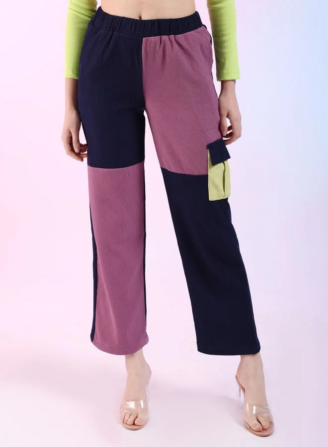 Freehand Women Regular Fit Colourblocked Mid-Rise Corduroy Colorblocked Cargo Pocket Trousers