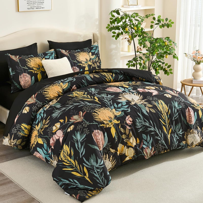 Luxudecor King Comforter Set 7 Pieces Bedding Sets, Black Floral Comforter and Sheet Set, Soft Microfiber Bed in a Bag for All Seasons (Black,104"x90") - Image 2
