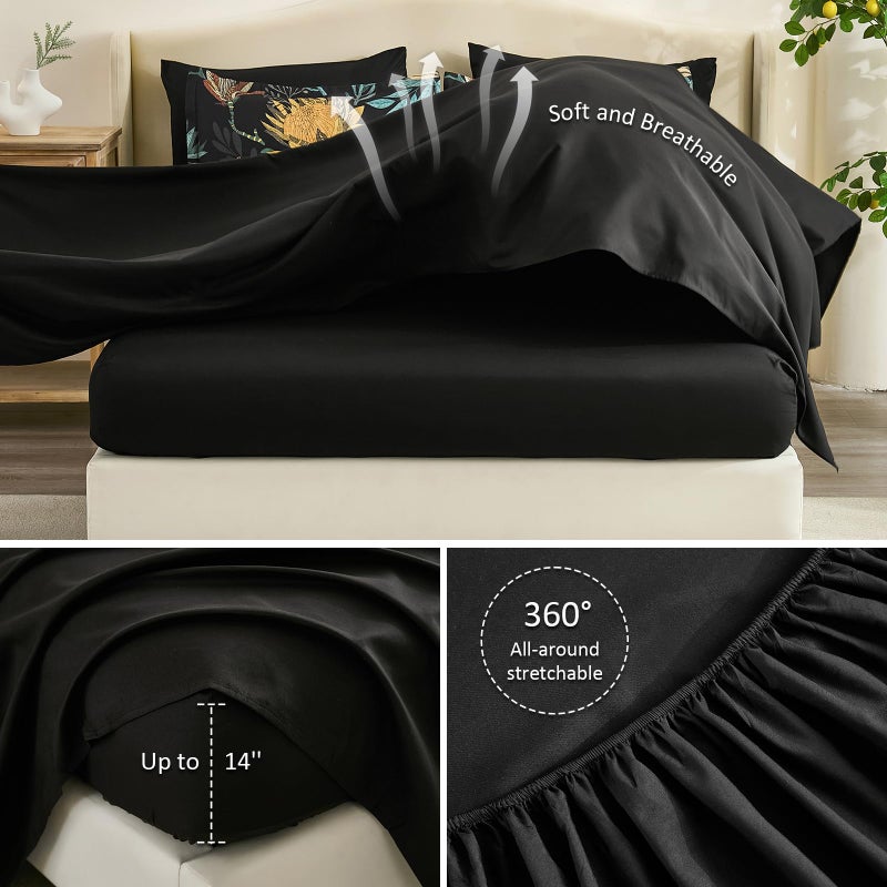 Luxudecor King Comforter Set 7 Pieces Bedding Sets, Black Floral Comforter and Sheet Set, Soft Microfiber Bed in a Bag for All Seasons (Black,104"x90") - Image 4