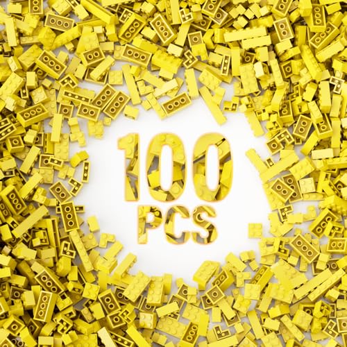 YUJHITP 100 Piece Yellow Bricks Bulk 12 Size Classic Building Blocks Compatible With Lego Parts and Pieces - Image 1