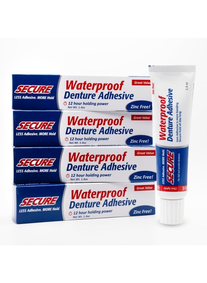 Secure Waterproof Denture Adhesive - Zinc Free - Extra Strong 12 Hour Hold - 1.4 oz (Pack of 4) - Image 1